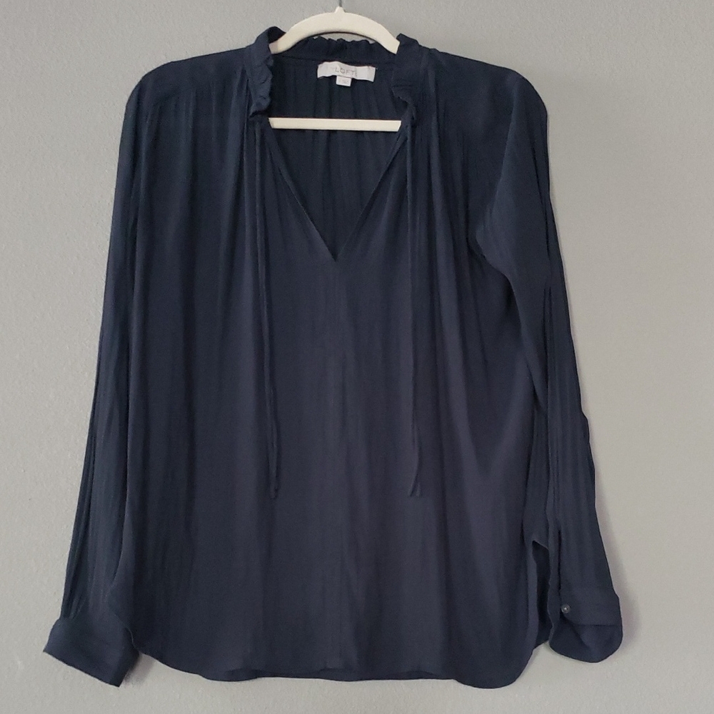 Loft Navy Ruffle Collar Blouse